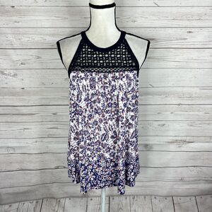 Daniel Rainn Womens Rauly Crochet Neckline Sleeveless Top Size Medium White Blue